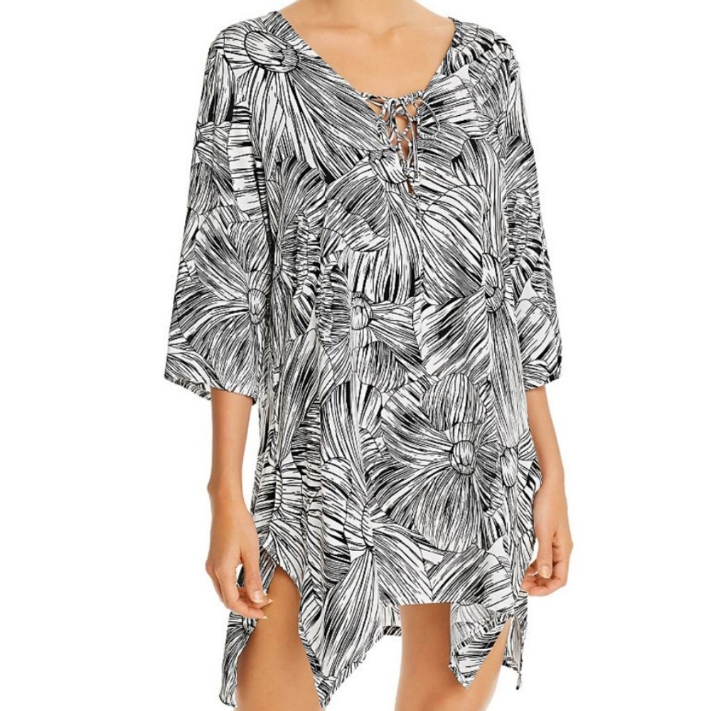 J. Valdi Lace Up Shark Bite Tunic Top Cover Up, XS